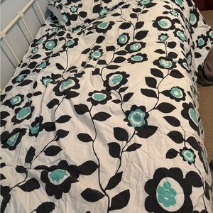 PB Teen Floral Black and White Bedding Set with Teal Accents